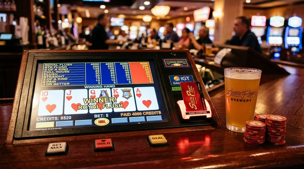 Winning Royal Flush Hand on 9/6 Jacks or Better Bartop Video Poker with Craft Beer at South Point Locals Lounge