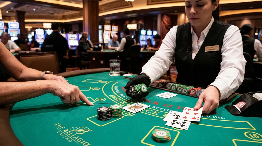 Player Tracing Surrender Line Hand Signal on Green Felt at Bellagio Blackjack Table