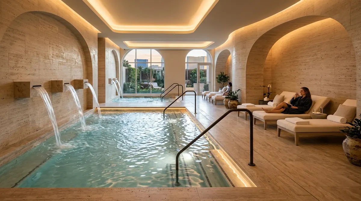 Fontainebleau Las Vegas Lapis Spa hydrotherapy lounge with thermal pools and heated stone loungers
