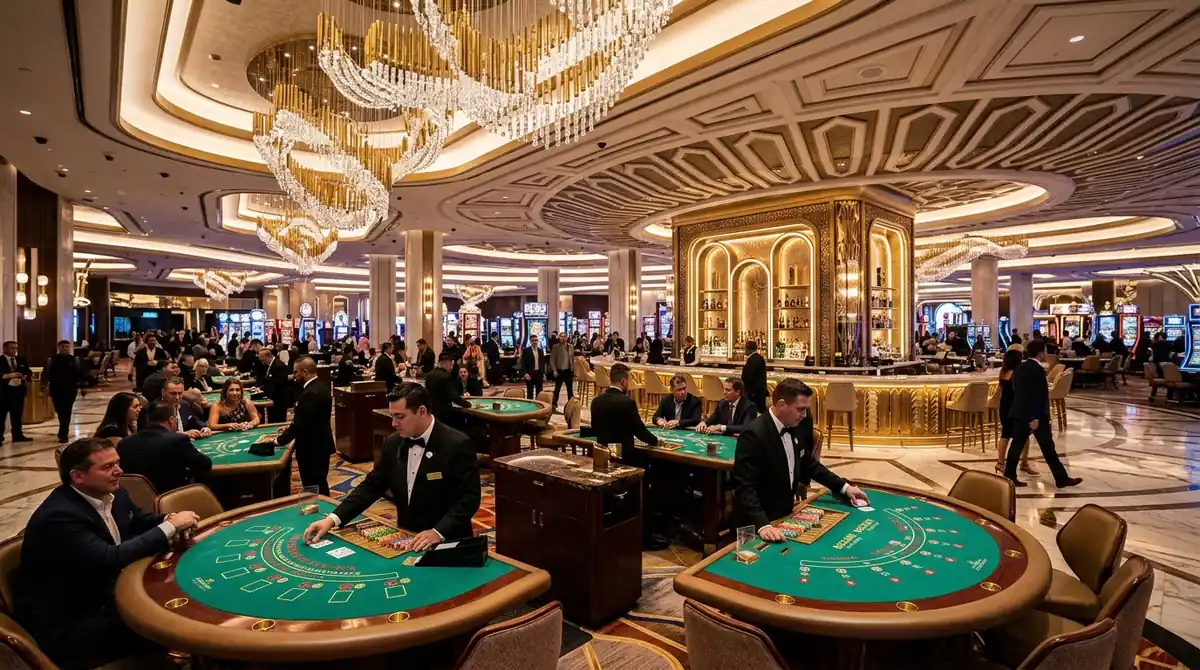 Fontainebleau Las Vegas luxury casino floor with premium table game pits and elegant art deco chandelier lighting