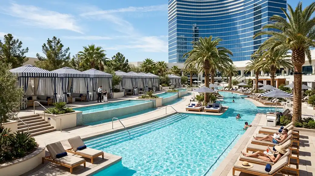 Fontainebleau Las Vegas six-acre Oasis pool deck with luxury cabanas and palm-lined day club lounges