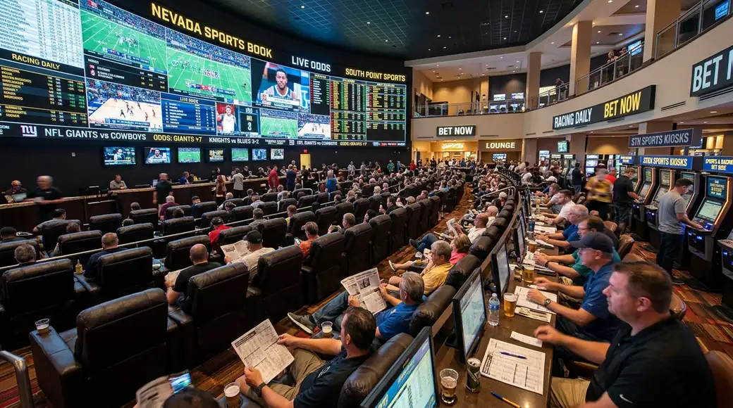 World-Class South Point Locals Sportsbook Arena with Wall-to-Wall Odds Boards and Tiered Leather Recliners