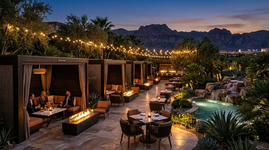 Smoke-Free Outdoor Garden Terrace and Cabana Dining Lounge at Dusk
